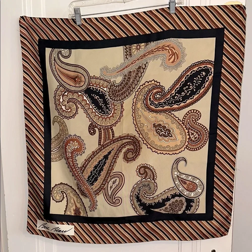Vintage Bill Blass Brown, Tan, Rust & Cream Paisley Very Large Silk‎ Scarf